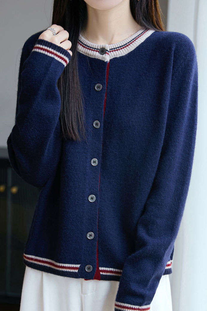 Lässiger vielseitiger Rundhals-Farbblock loser Strickcardigan