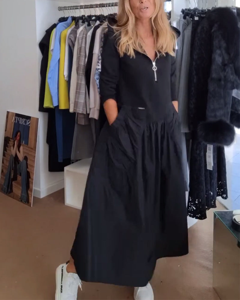 Lässiges Kapuzenkleid mit Reißverschluss und Patchwork-Taschen