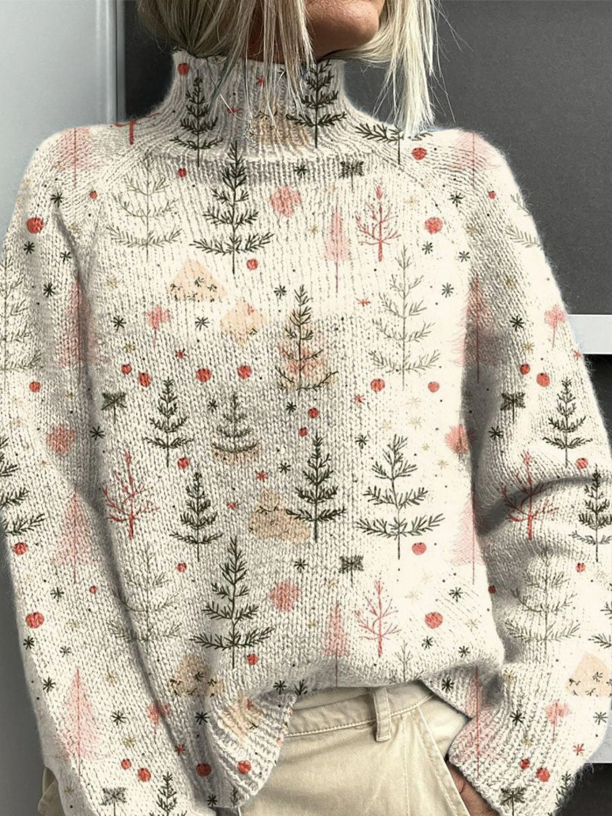 Edna | Turtleneck-Pullover mit Weihnachtsbaum-Print