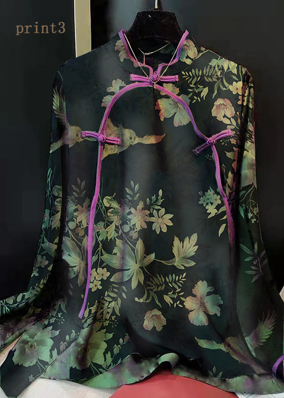 Elegantes grünes Stehkragen-Patchwork-Jacquard-Seidenhemd mit langen Ärmeln