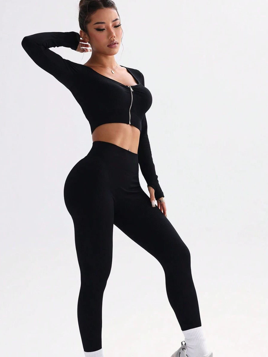 Damen Rippstrick-Zipper Einfarbiger Trainingsanzug