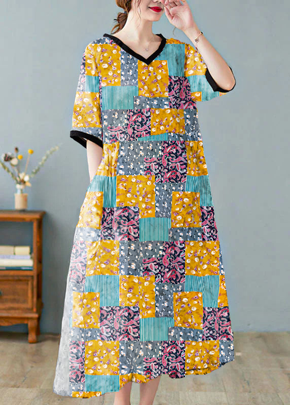 Boutique Khaki V-Ausschnitt Print Leinen Kleider Kurzarm