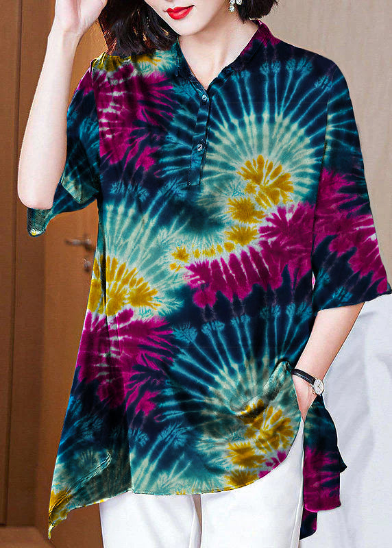 Italienisches Dunkelblaues Peter Pan Kragen Knopf Asymmetrischer Druck Seidenoberteile Frühling