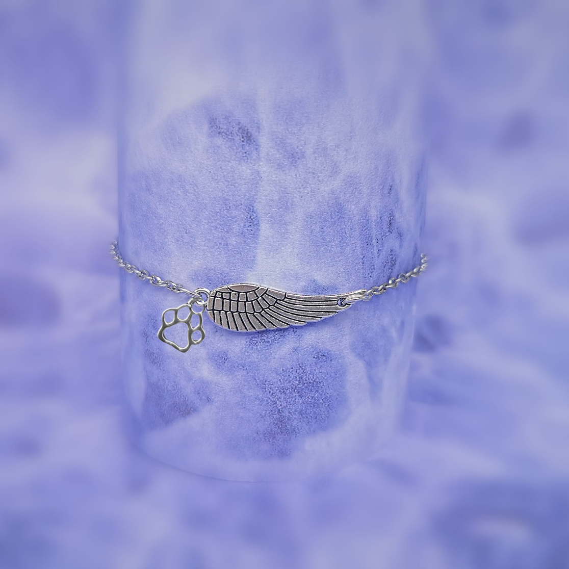 Silbernes Gedenkarmband mit Engelsflügel und Pfotenabdruck | Handgemacht