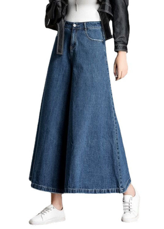Bohemian Blaue Hohe Taille Taschen Weite Bein Herbst Denim Hose
