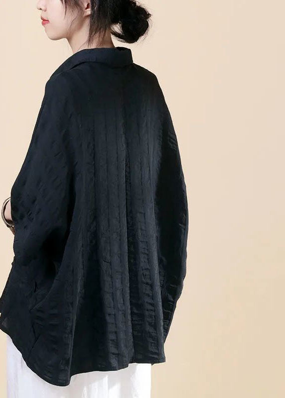 Lässiges schwarzes Peter-Pan-Kragen Hemd mit Knopf und Fledermausärmeln für den Herbst