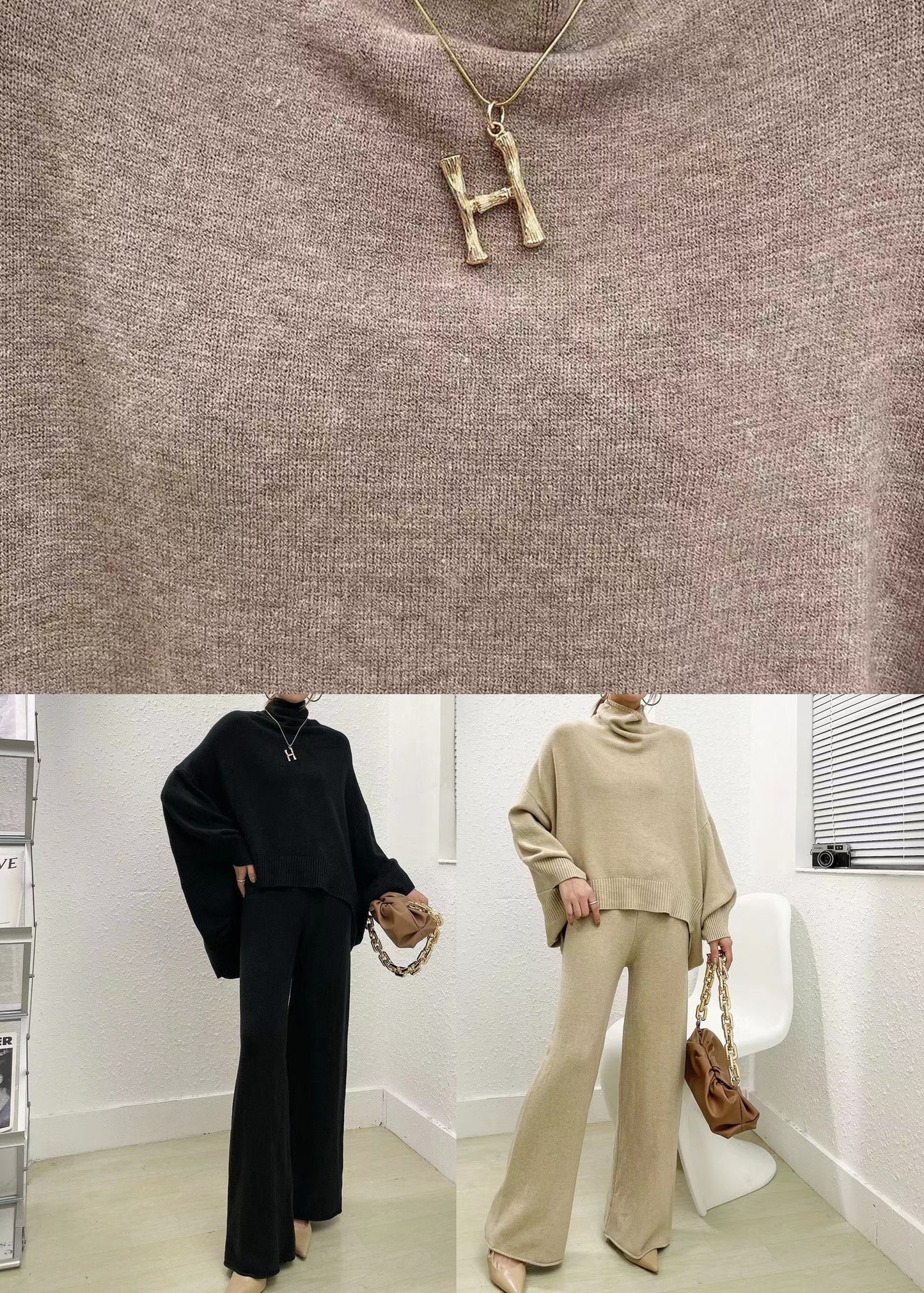 Elegante Camel-Pullover und weite Hosen Strick-Zweiteiler Frühling