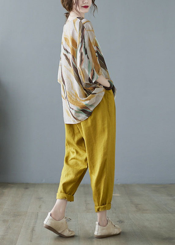 Elegantes Gelbes V-Ausschnitt Druck Herbst Gestreiftes Hemd Tops Halbe Ärmeln