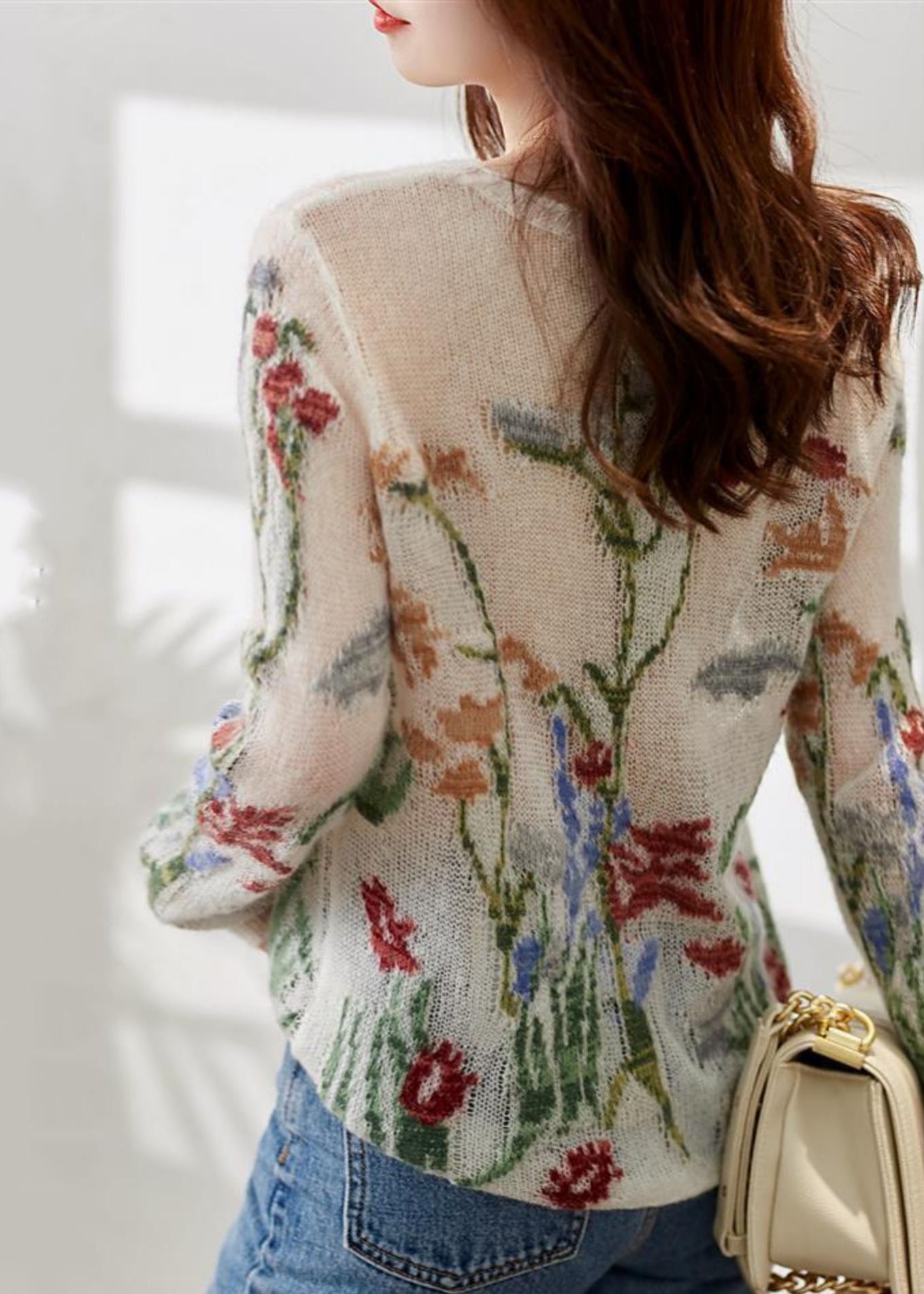 Französische O-Ausschnitt Blumige Hollow-Out Strickpullover Frühling