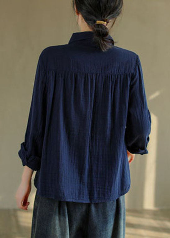 Französische tibetblaue Knopf Peter Pan Kragen Spitze Patchwork Baumwollshirt Tops Frühling