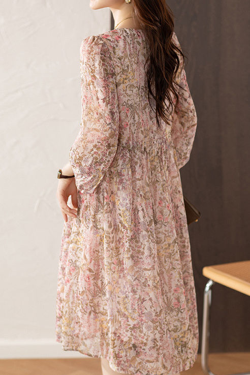 Elegantes Blumenmuster Kurzarmkleid (5/8 Länge)