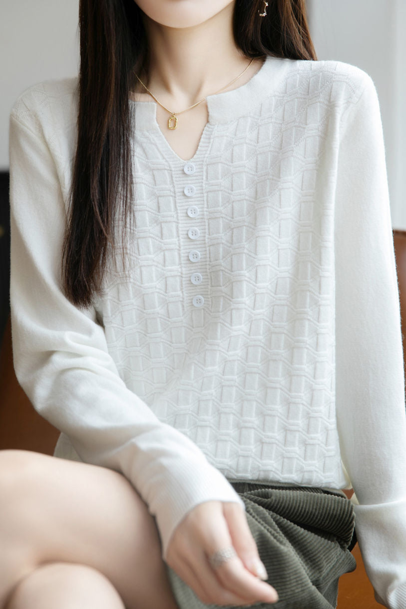 Lässiger vielseitiger V-Ausschnitt dekorativer Knopf strukturierter Langarm-Pullover