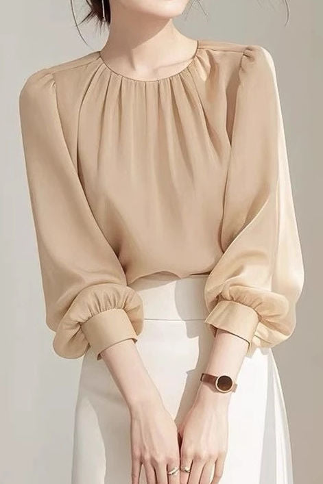 Exquisite elegante Bluse mit Rundhalsausschnitt und Laternenärmeln