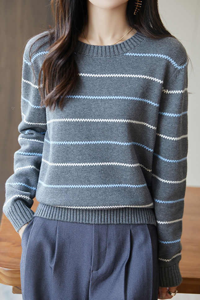 Wellig Gestreiftes Rundhals-Strickoberteil