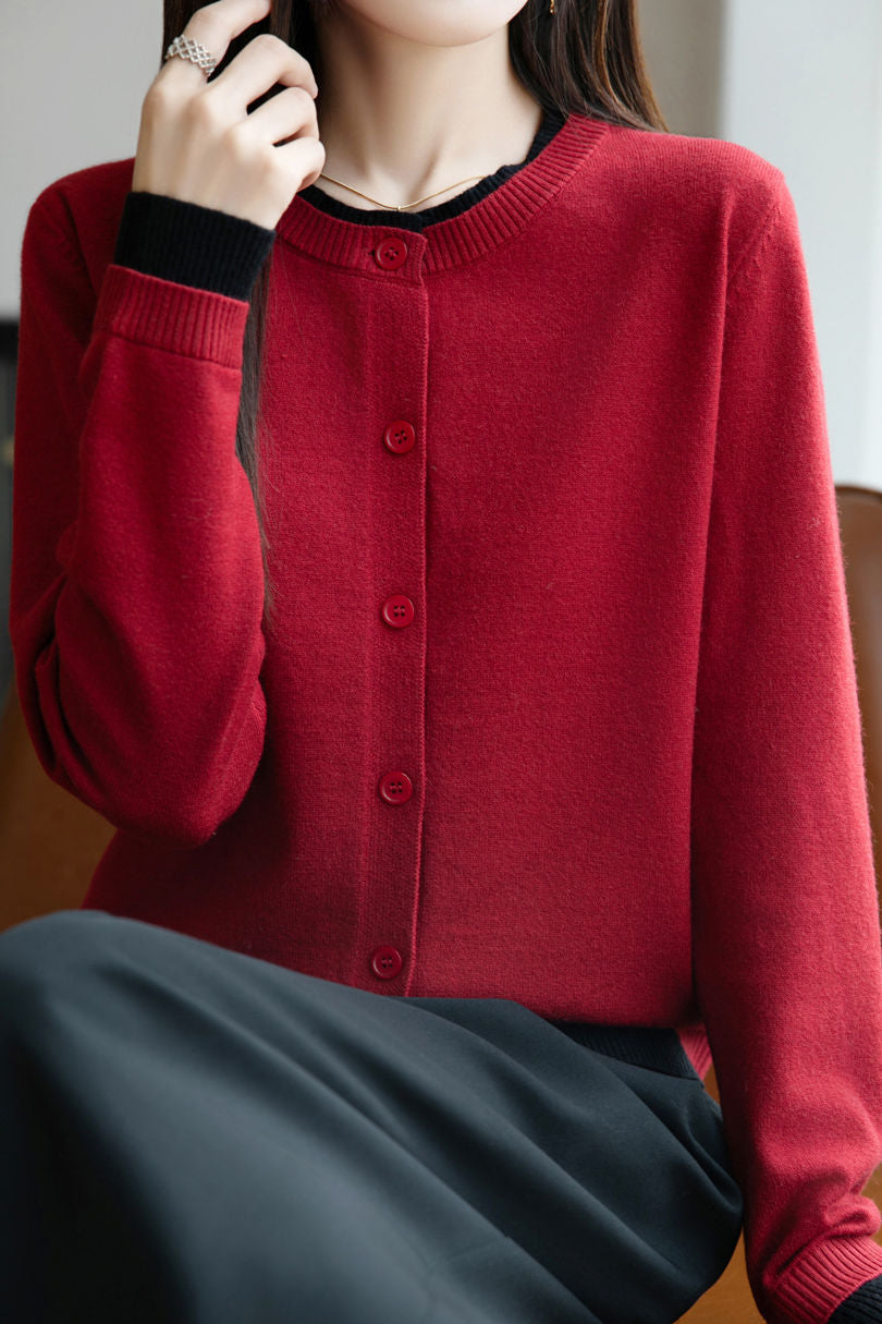 Lässiger Crew-Neck Fake Zweiteiler Paneled Cardigan