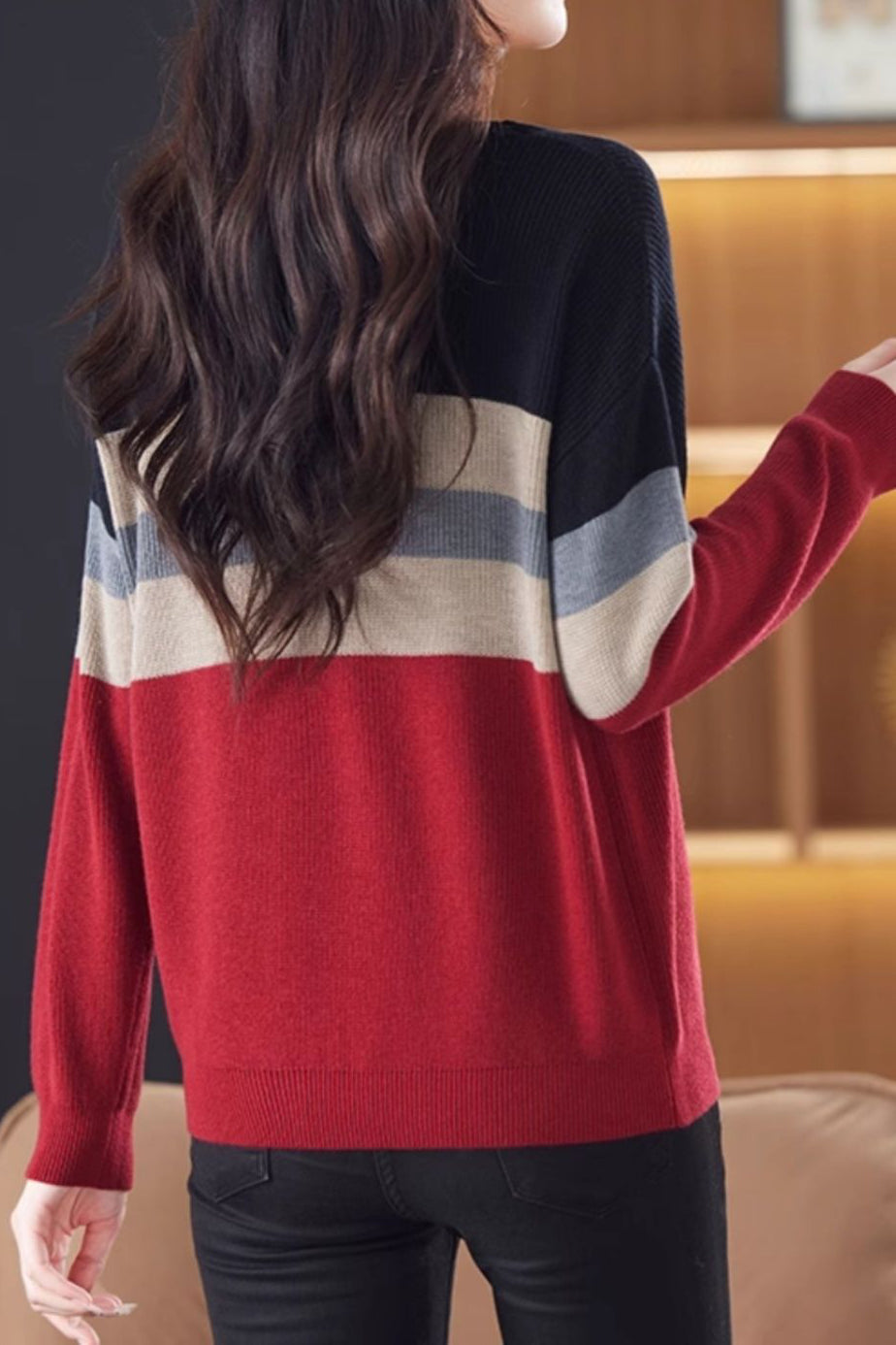 Lässiger Rundhals-Farbblock gestreifter Pullover mit langen Ärmeln