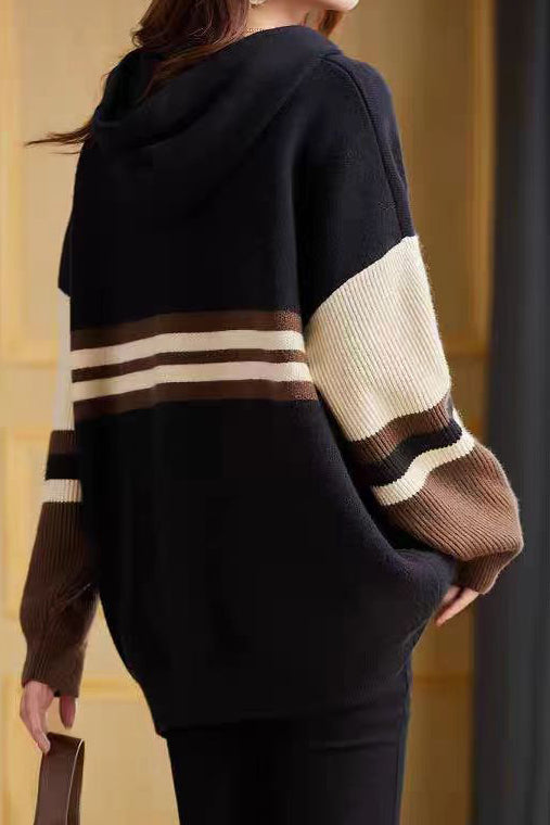 Farbblock gestreifter Kapuzenpullover mit Kordelzug