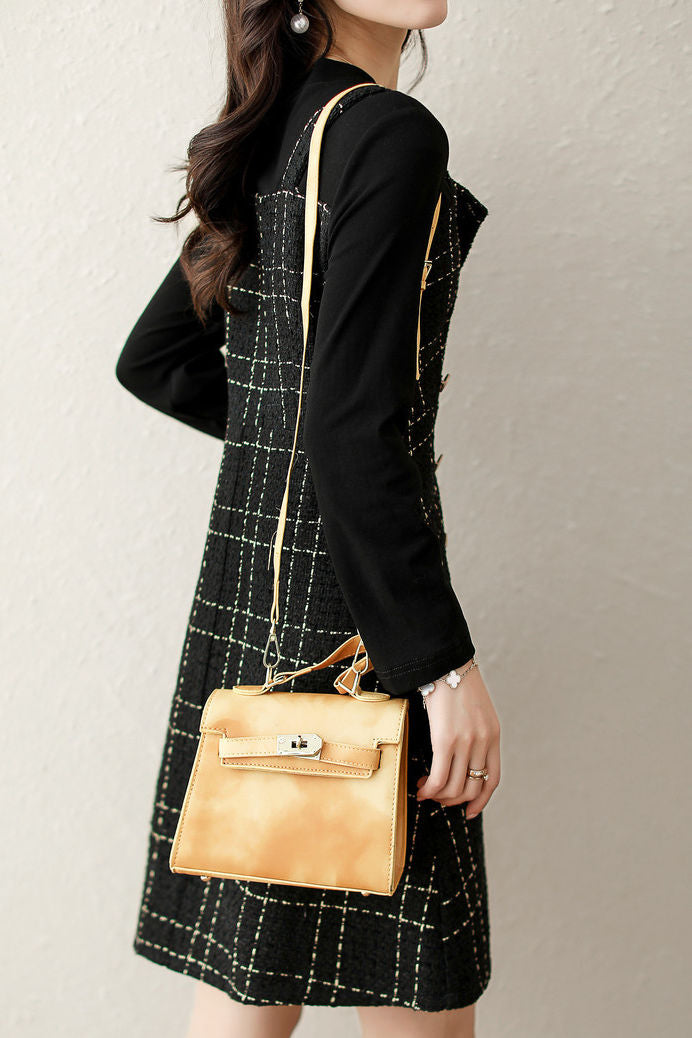 Exquisites elegantes Fake-Zweiteiler-Karomuster-Kleid mit langen Ärmeln