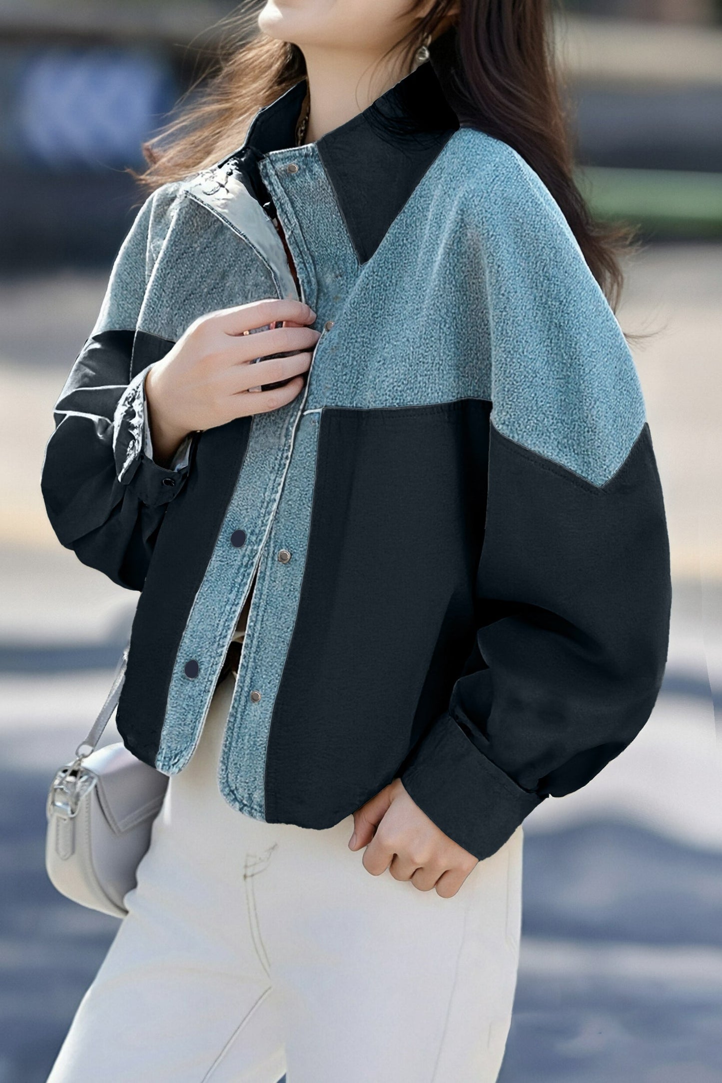 Lässiger vielseitiger Farbblock-Denim-Paneelmantel