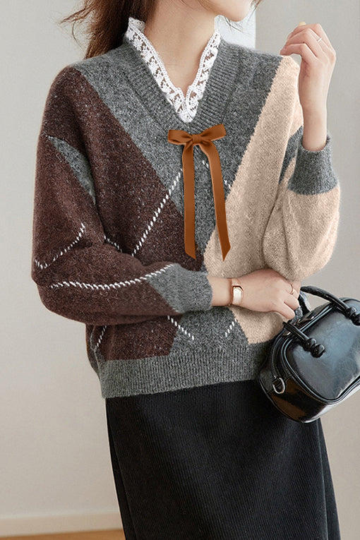 Lässiger Retro V-Ausschnitt Argyle Strickpullover