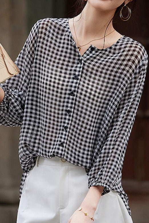 Karierter Chiffon Rundhalsknopf-Longsleeve-Sonnenschutzshirt