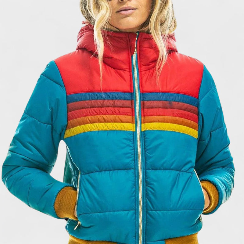 Retro Colorblock Kapuzen-Pufferjacke