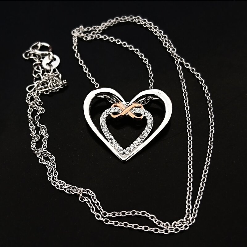 Anhänger Infinity Herz mit Zirkonias mit Rosegold Teil vergoldet aus 925 Silber inkl. Kette im Etui