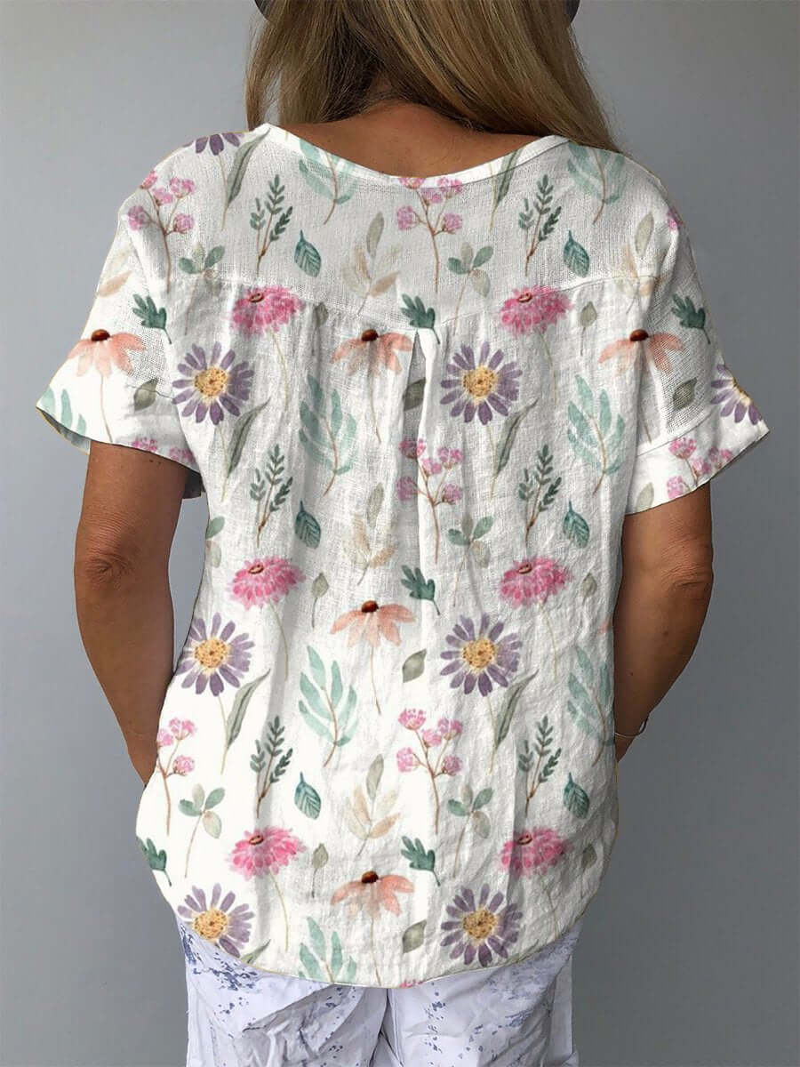 Damen Vintage Floral Kunstdruck Freizeit Baumwolle und Leinen Shirt
