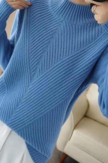 Halb-Hochkragen Diagonal Geripptes Stricktop