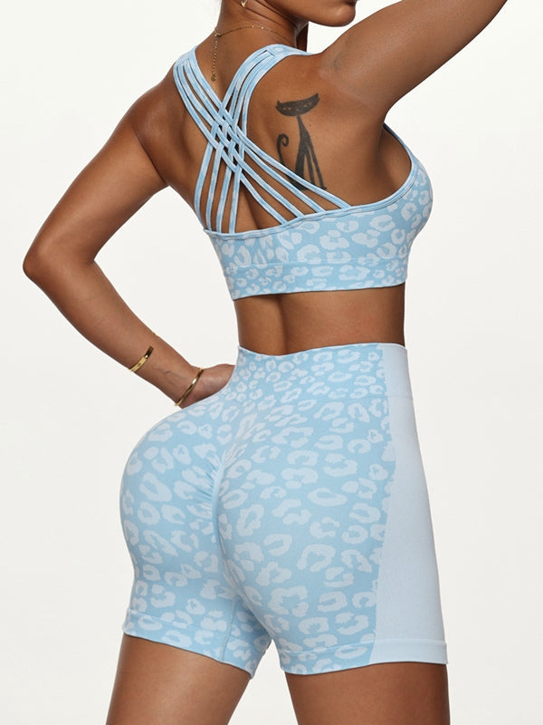Damen Leopardenmuster Kreuzrücken Kurzer Trainingsanzug
