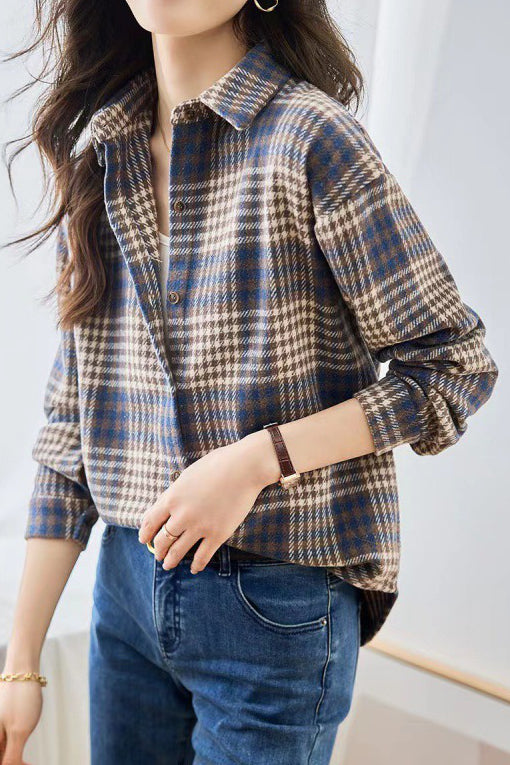 Lässiges lockeres Flanell-Karohemd mit langen Ärmeln