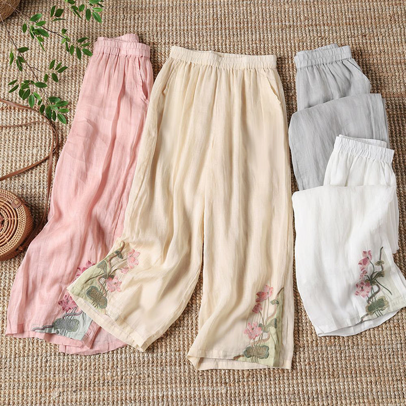 【100% Baumwolle】Blumenbestickte Freizeit-Hosen