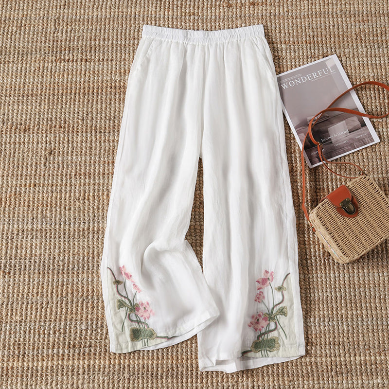 【100% Baumwolle】Blumenbestickte Freizeit-Hosen