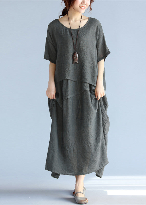 weite graue lange Leinenkleider oversized geschichteter Baumwoll-Maxikleid vintage kurzärmlige Baumwollkleidung