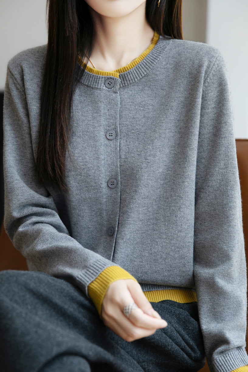 Lässiger Crew-Neck Fake Zweiteiler Paneled Cardigan