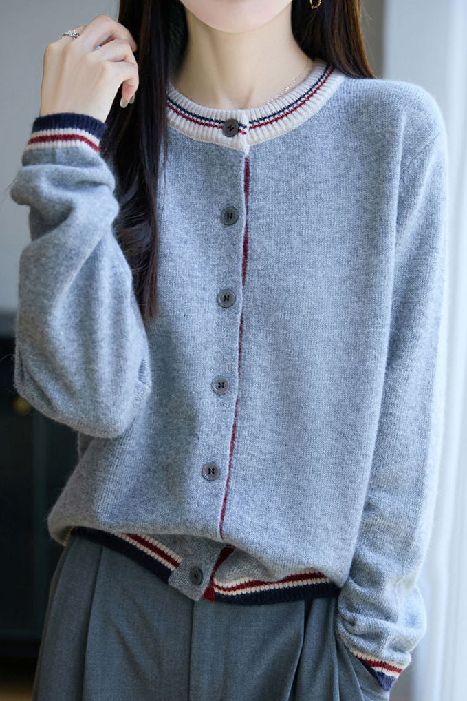 Lässiger vielseitiger Rundhals-Farbblock loser Strickcardigan