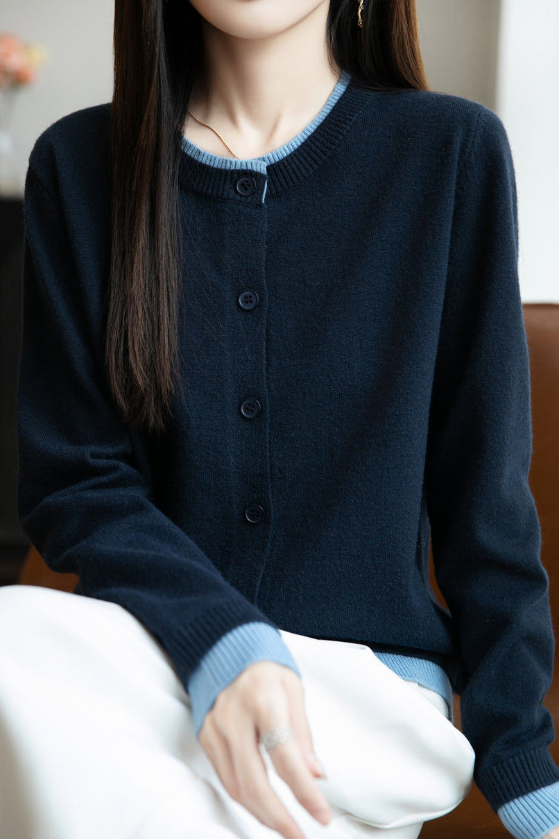 Lässiger Crew-Neck Fake Zweiteiler Paneled Cardigan