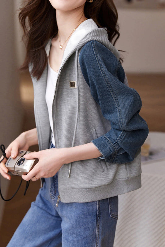 Kapuzensweatjacke aus Denim mit Kontrast