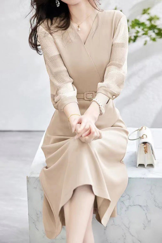 Gemischtes Material Durchsichtiger Karomuster Kontrast Crossover Gürtel Langkleid - 2 Farben Verfügbar