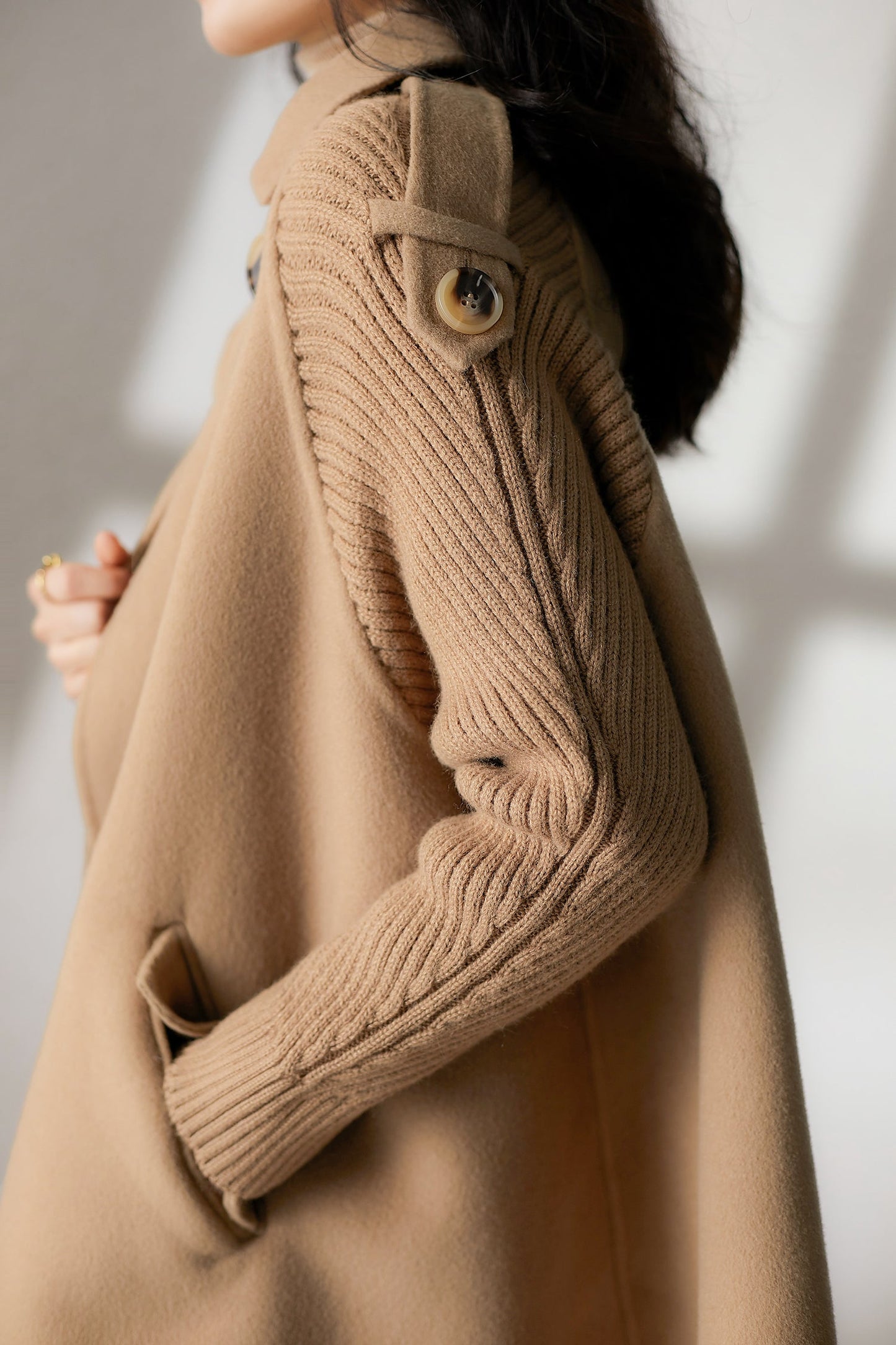 Stehkragen Epaulette Dekor Strick Kontrast Melton Mantel