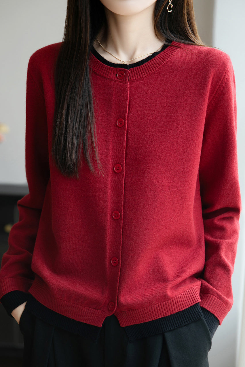 Lässiger Crew-Neck Fake Zweiteiler Paneled Cardigan