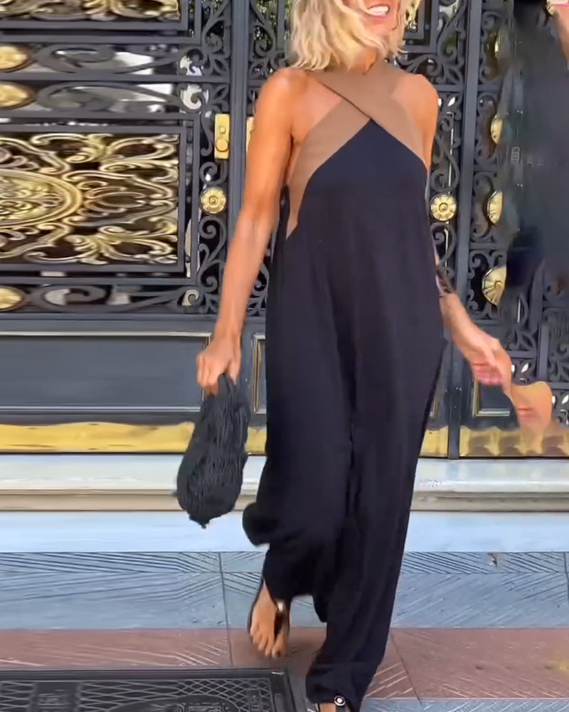 Elegantes Kreuzrücken-Maxikleid mit kontrastierender Farbe