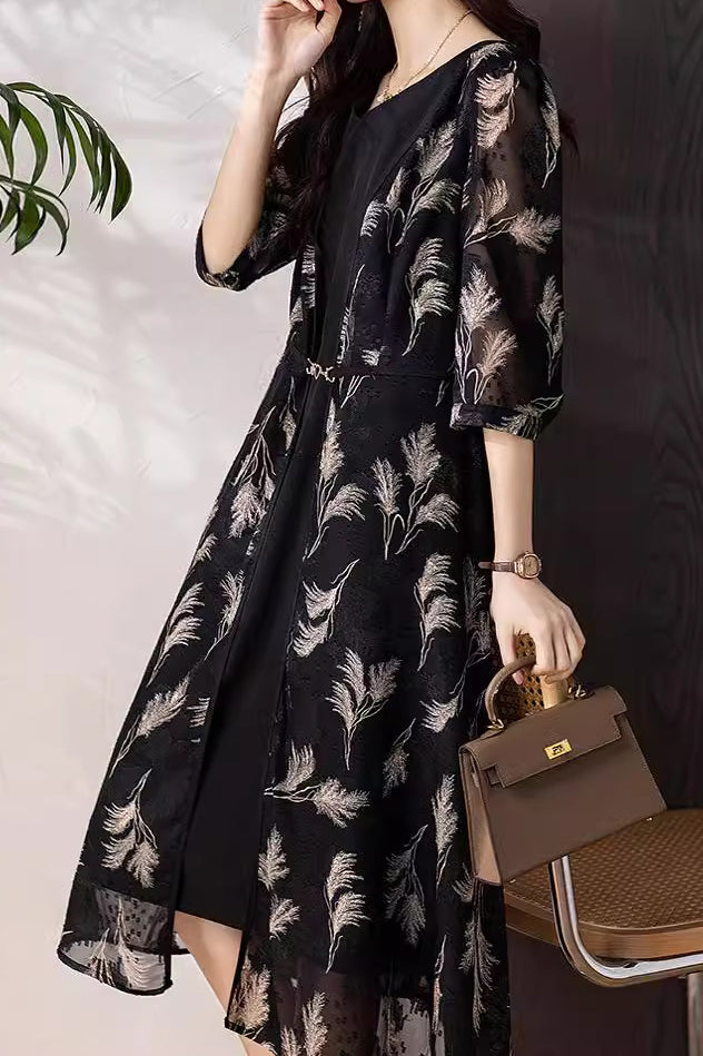 Schicht-Look Blattmotiv Jacquard Kleid