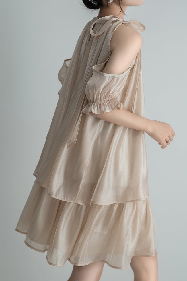 [Restock] Bandkragen Schulterfreies Stufenkleid mit Futter