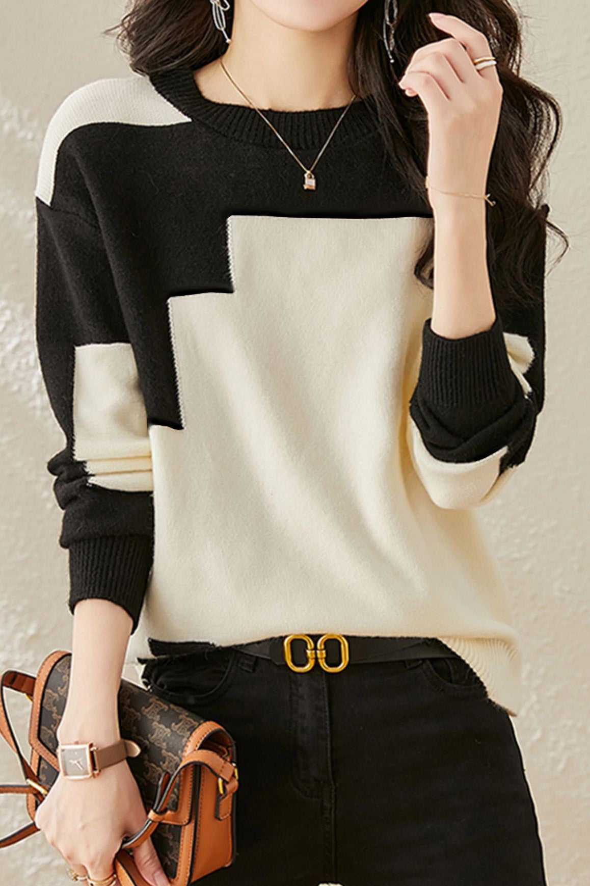 Lässiger bequemer zweifarbiger Rundhals-Strickpullover