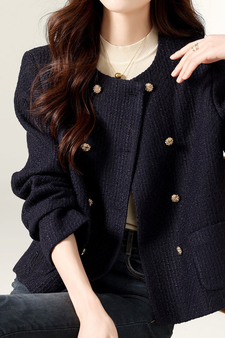 Elegante Jacke aus Tweed ohne Kragen mit Futter