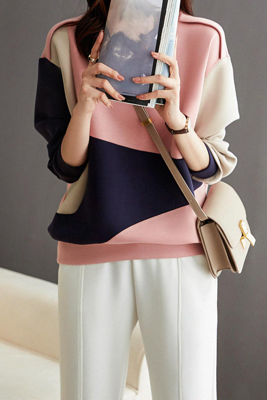 Rundhals-Drop-Shoulder-Bicolor-Sweatshirt