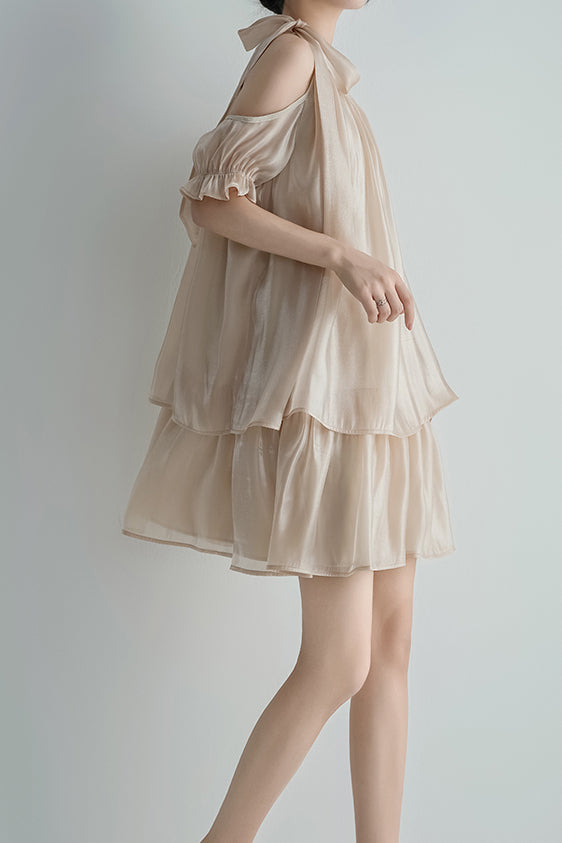 [Restock] Bandkragen Schulterfreies Stufenkleid mit Futter