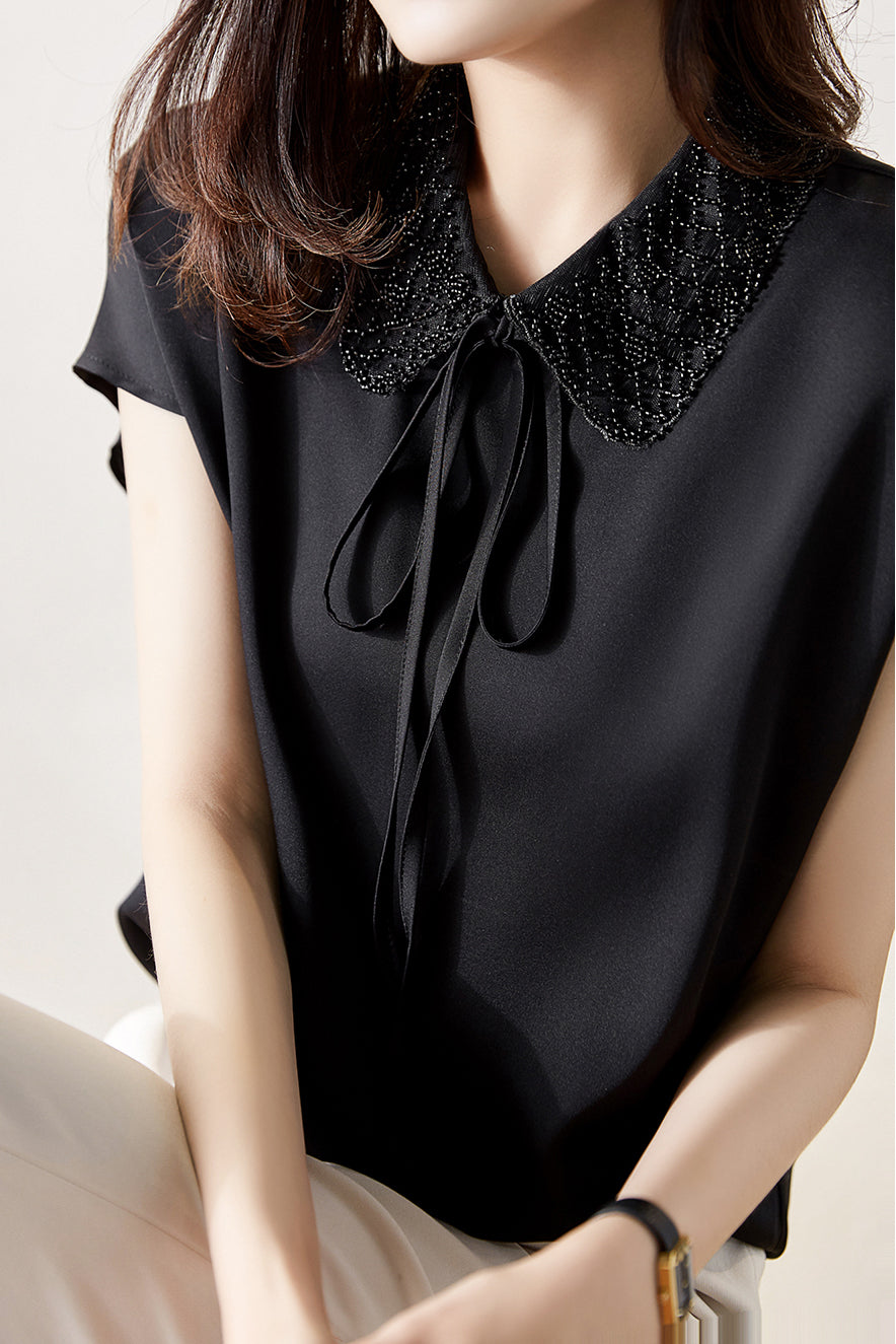 Doppelt flacher Kragen mit Schleife Bluse - 2 Farben verfügbar