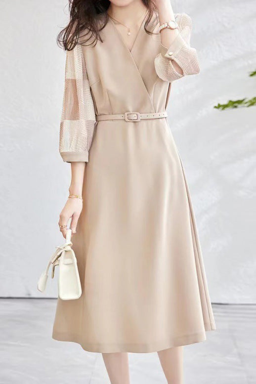 Gemischtes Material Durchsichtiger Karomuster Kontrast Crossover Gürtel Langkleid - 2 Farben Verfügbar